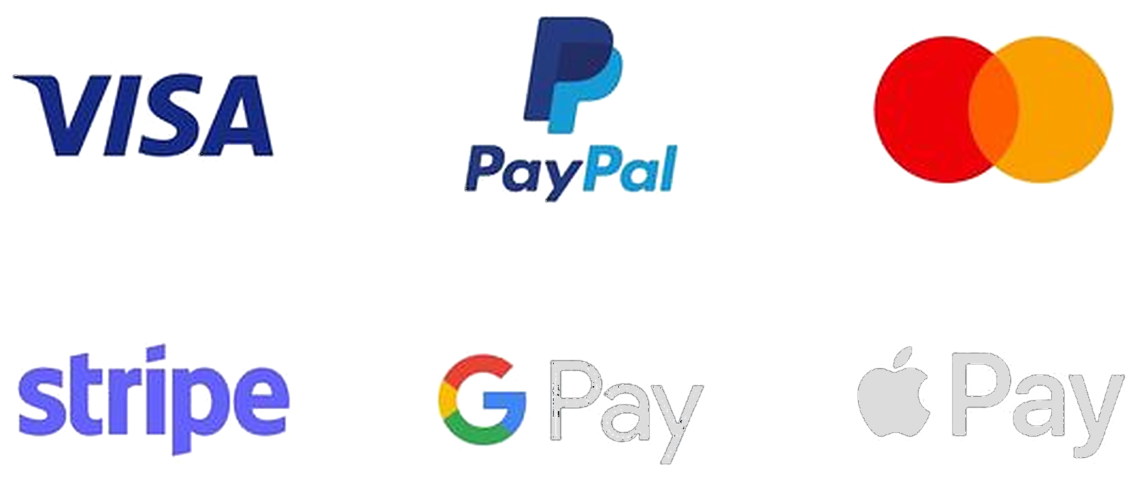 We accept Visa, PayPal, Mastercard, Stripe, Google Pay, and Apple Pay